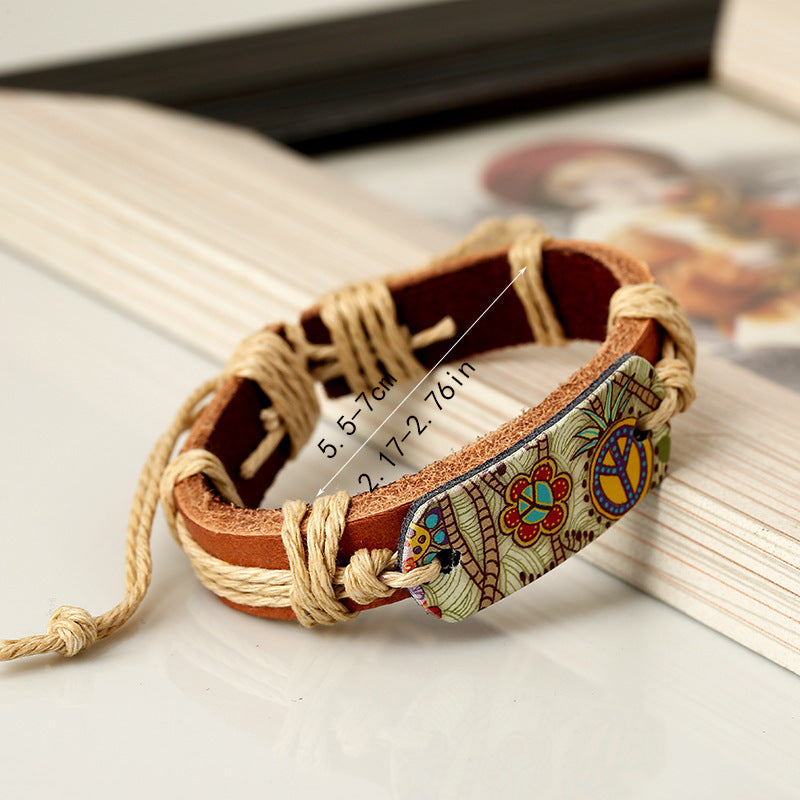 Wholesale Retro Style Heat Transfer Hemp Rope Braided Cowhide Bracelet